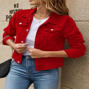 Stylish women's red denim jacket with lapel and single-breasted button pockets
