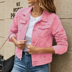 Chaqueta vaquera rosa para mujer con solapas clásicas y botones de una sola fila