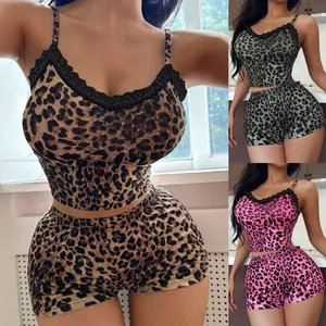 Women Sexy Leopard Print Lace Pajama Top And Bottom Spaghetti Strap Sleeveless Cami Shorts Sleepwear Home Wear