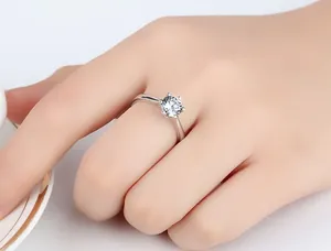 Detailed close-up of a classic six-prong solitaire ring featuring a sparkling clear stone.