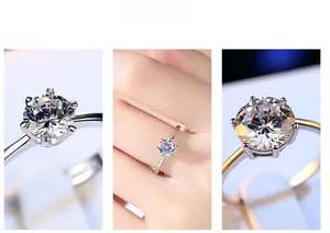 Macro view details of a sparkling six-prong cubic zirconia solitaire ring for women.