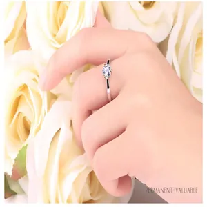 Detail showing a minimalist silver adjustable ring with a brilliant round zircon stone.