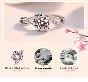 Handmade S925 silver flower ring with sparkling zircon, adjustable opening detail