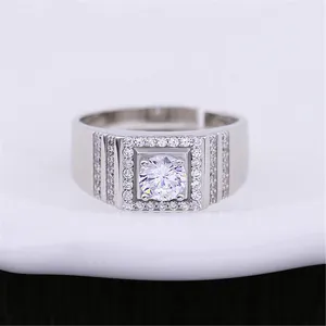 Close-up of men's square halo ring with large round zircon and adjustable band