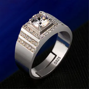 Macro view of a bold S925 silver men's ring with a sparkling large center zircon