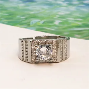Detailed view of luxury men's open ring featuring a large square halo zircon centerpiece