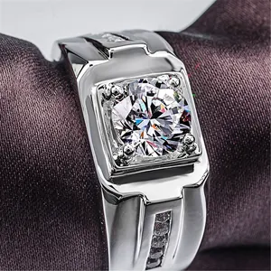 Detailed macro shot of a silver men's wedding ring with a large square-set zircon stone