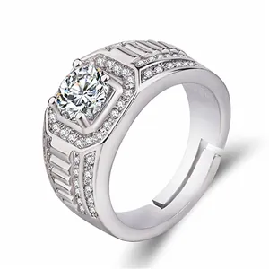 Close-up of men's adjustable silver ring with large cubic zirconia centerpiece