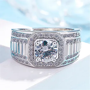 A detailed macro view of a silver men's ring featuring a large zircon and pavé stones