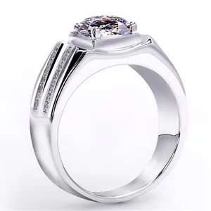 Detailed view of a silver men's ring featuring a large brilliant-cut cubic zirconia stone