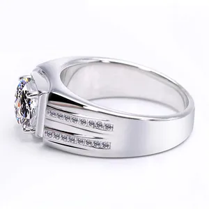 Side profile of a luxury silver men's zircon wedding ring with pavé side stones detail