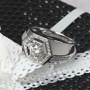 Detailed view of a men's hexagonal silver ring featuring a central zircon stone