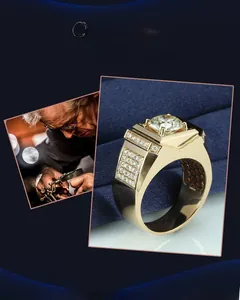 Detailed view of a bold gold-plated men's ring with large cubic zirconia