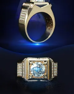 Macro detail of a luxurious gold men's ring featuring a large round brilliant-cut zircon