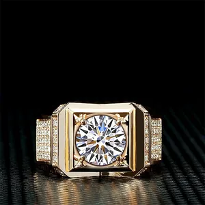 Detailed close-up of luxury gold-plated men's ring featuring a large round-cut zircon stone