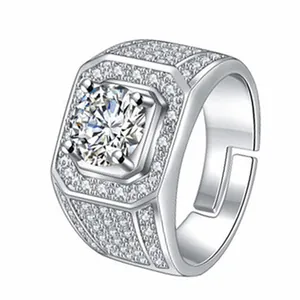 Detail view of a silver-colored men's open ring with a large round center zircon stone