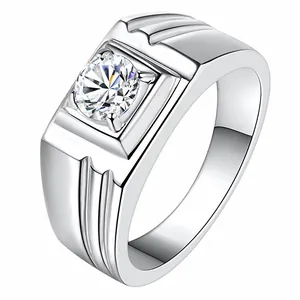 Close-up of a silver-toned men's ring featuring a large brilliant-cut zircon stone