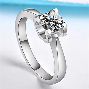 Close-up macro view of a silver-toned cubic zirconia wedding ring with four-prong setting