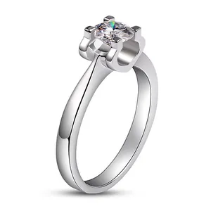 Detailed side view of silver-toned solitaire ring with a sparkling round-cut zircon stone.