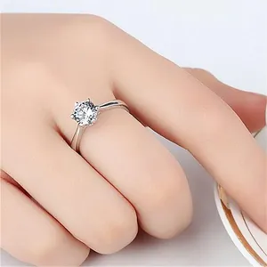 Classic elegant silver six-prong solitaire sparkling zircon open ring for women