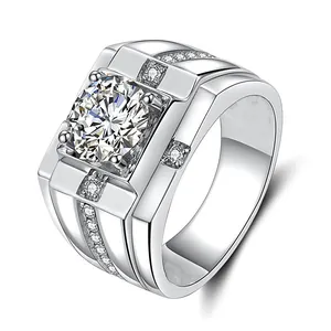 Classic silver men's ring with large sparkling zircon stone in square setting