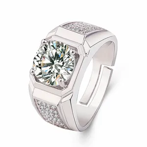 Elegant silver-toned men's adjustable ring featuring a large round zircon stone.