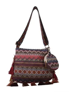 Bohemian ethnic style 2-in-1 shoulder bag with colorful tassels and patterned strap