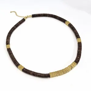 Retro handcrafted copper alloy and natural dark coconut shell bead necklace clavicle chain