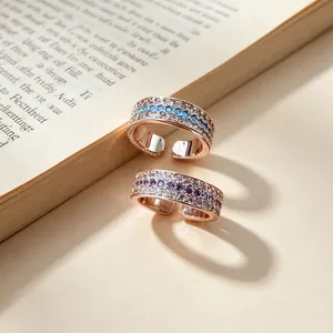 Light Luxury New Chinese Style Three-Row Pave Rhinestone Open Adjustable Copper Ring Women Rose Gold Finish Jewelry Gift