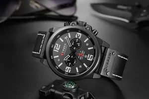 Detail of CURREN 8314 men's watch featuring a black dial and leather strap with stitching
