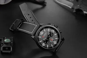 Close-up of CURREN 8314 men's black leather strap watch with chronograph dial