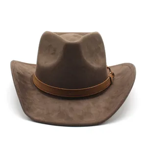 Front view detail of a classic brown retro suede western cowboy hat with belt trim