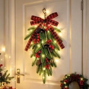 Christmas Swag Garland Plastic Pine Needles Red Berries Natural Pinecones Metal Bells LED Warm Light Door Wall Hanging Decoration