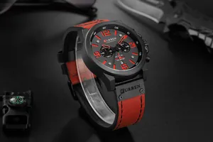 Detailed view of CURREN 8314 men's watch with red leather strap and black dial