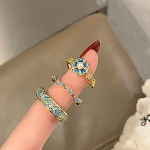 Vintage gradient blue enamel flower open rings ethnic style stackable set for women