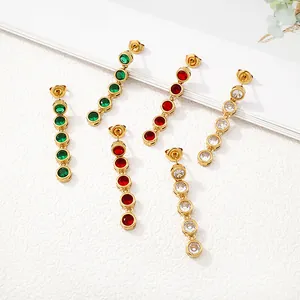 Elegant gold-plated stainless steel long drop earrings featuring colorful round crystals.