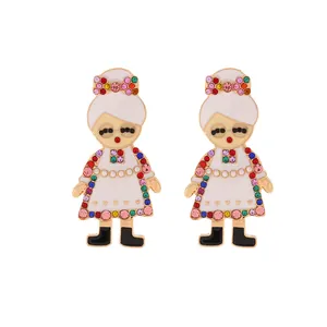 Detailed view of colorful rhinestone cartoon grandmother drop earrings for Christmas