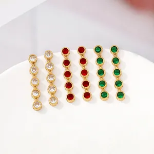 Elegant long stainless steel dangle earrings with red, green, and clear crystals.