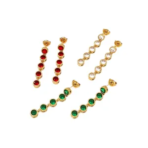 Minimalist stainless steel long drop earrings with red, green, and clear stones
