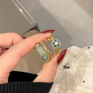 Vintage Gradient Blue Flower Open Ring For Women Ethnic Style Unique Drip Oil Finger Ring Adjustable Stackable Jewelry Gift