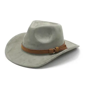 Detailed macro shot of the light grey suede texture on a vintage Western cowboy hat