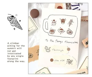Wooden stamps set showing cute life-themed impressions on paper