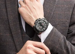 CURREN men's business quartz watch featuring black leather strap and chronograph dial