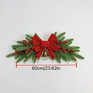 Detailed size view of 60cm Christmas wall swag with red velvet bow and golden bell