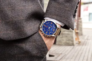 Detail view of CURREN men's business chronograph watch with blue dial and brown strap (85 chars)