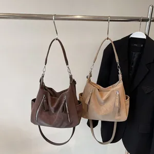 Large capacity textured brown and beige hobo shoulder bags for women commuting