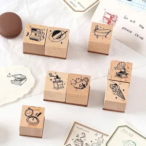 Vintage cute wooden stamp set for scrapbooking and DIY journal decoration