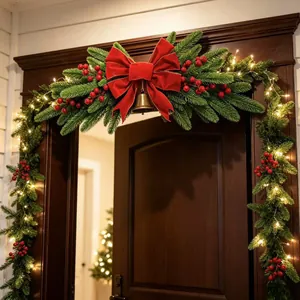 Macro detail of a lush Christmas door swag featuring a red velvet bow and a metallic gold bell