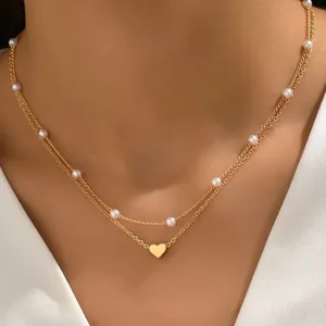 Vintage Layered Artificial Pearl Heart Pendant Necklace For Women Gold Silver Alloy Heart Star Choker Chain Fashion Jewelry