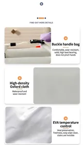 Detailed views of thermal lunch bag featuring buckle strap, Oxford fabric and EVA lining